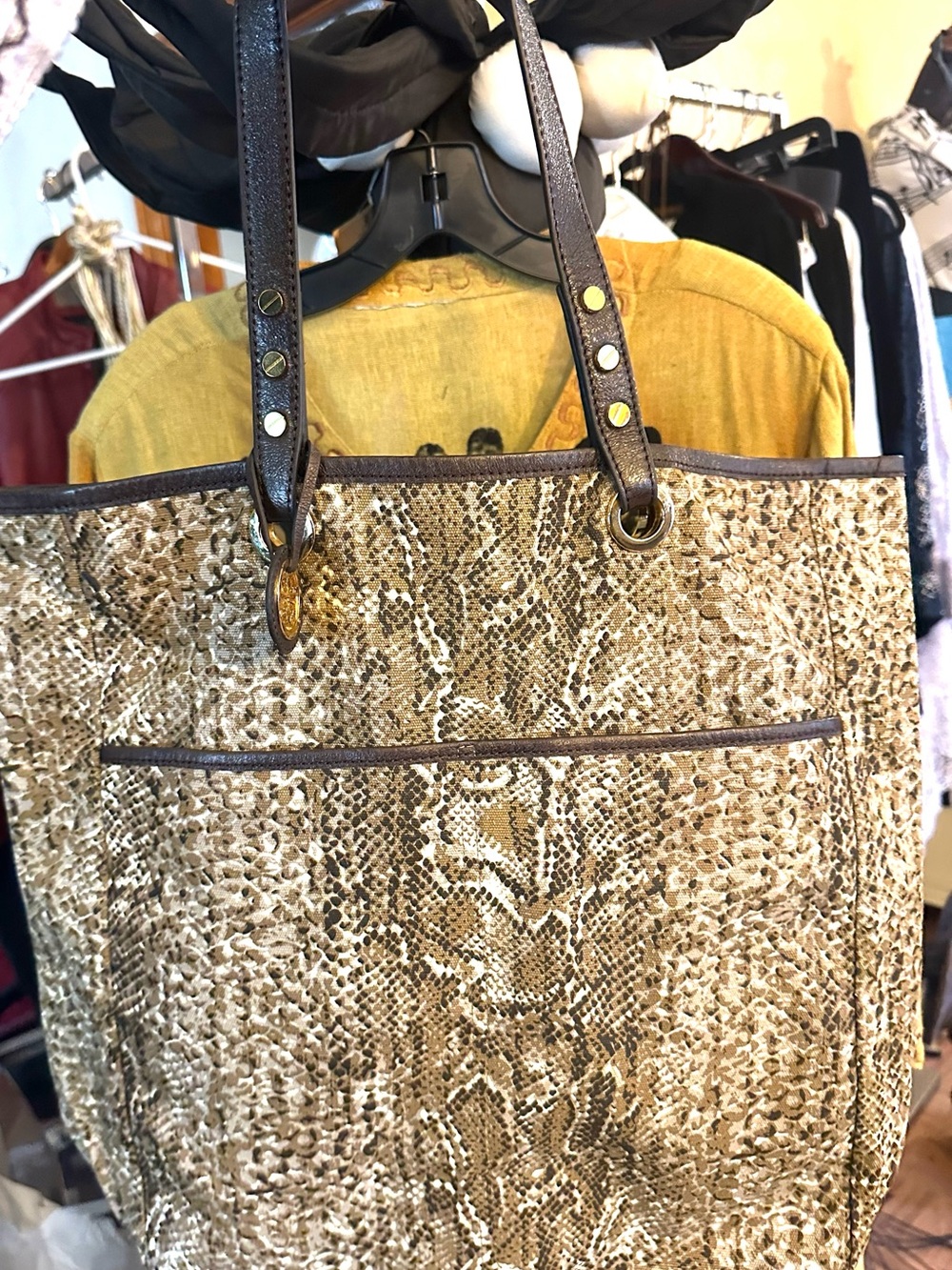Tory Burch reptile Snake-Print Tote Bag with leatherBrown Trim 16x17